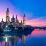 sunset, nature, river, zaragoza, city, blue, trip, architecture, tourism, bridge, outdoors, sunrise, night, lights