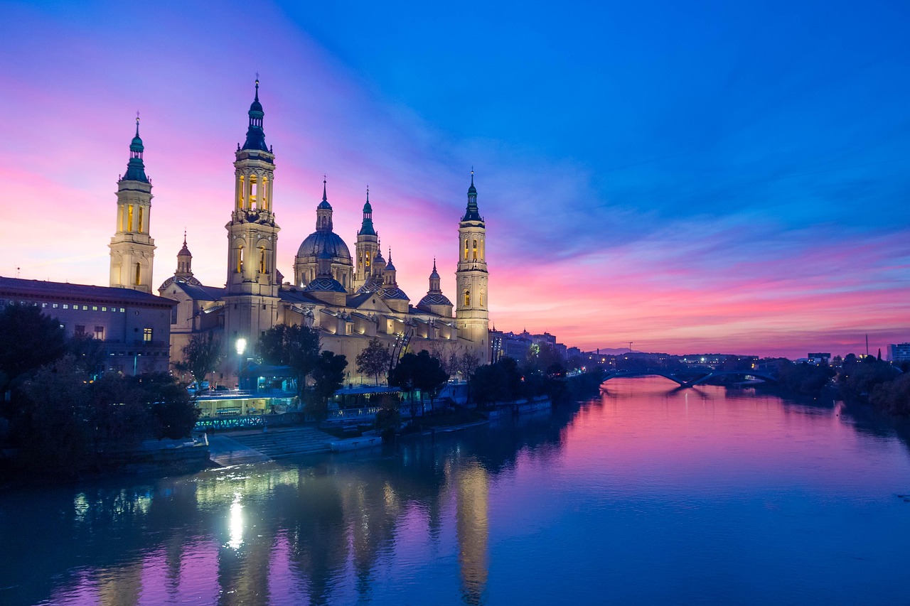 sunset, nature, river, zaragoza, city, blue, trip, architecture, tourism, bridge, outdoors, sunrise, night, lights